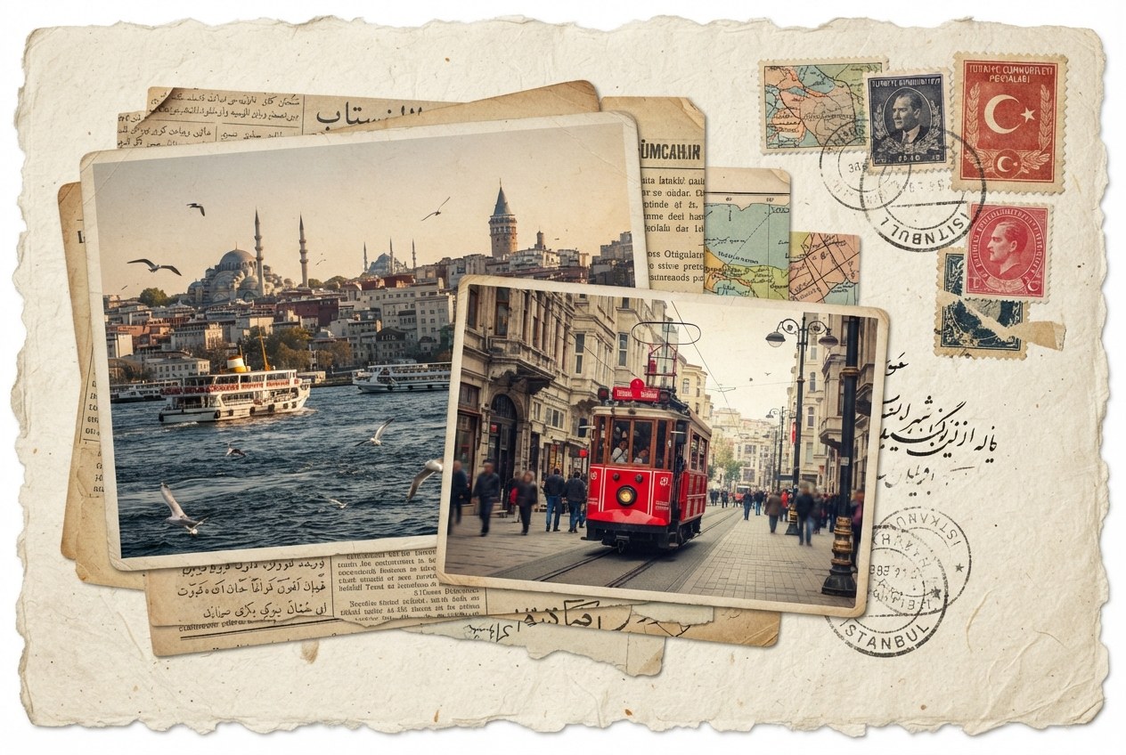 İstanbul Boğazı ve tramvaydan derlenmiş kartpostal-kolaj